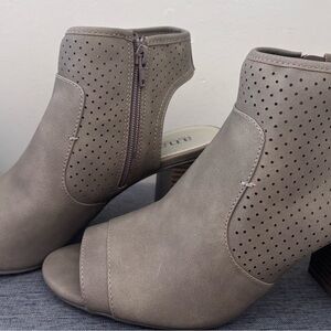 Perforated Taupe Open-Toe Mule Booties with Side Zip